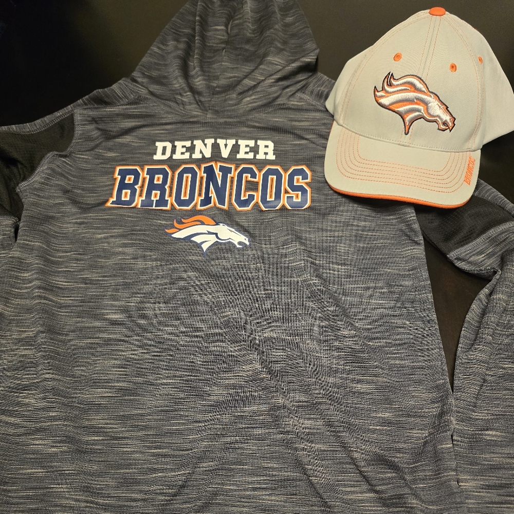 NFL Team Apparel Denver Broncos Hoodie Large‎ 12/14 & Cap - Gray Orange